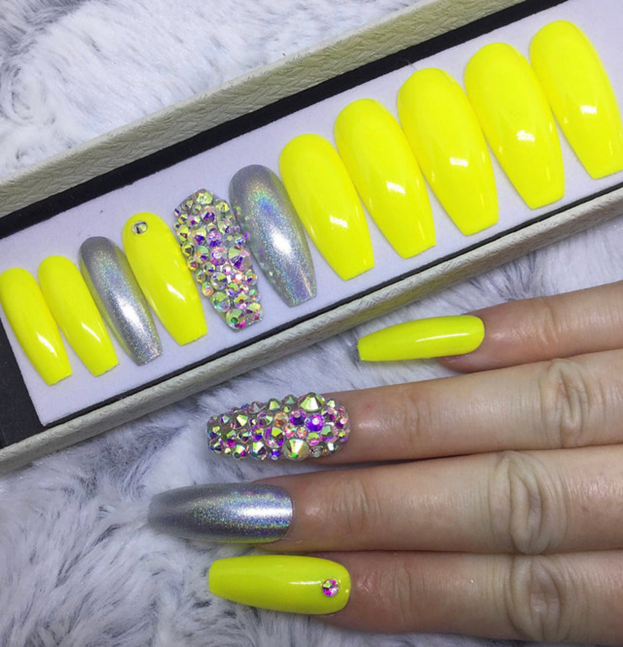 Z BEAUTI - Yellow , Silver, Bling, Coffin Nails-Medium