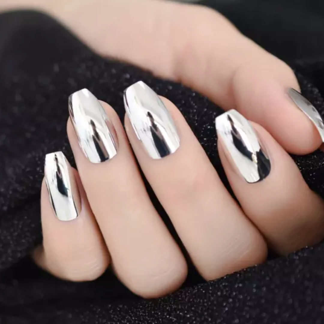 Z BEAUTI - Silver chrome short coffin press on nails