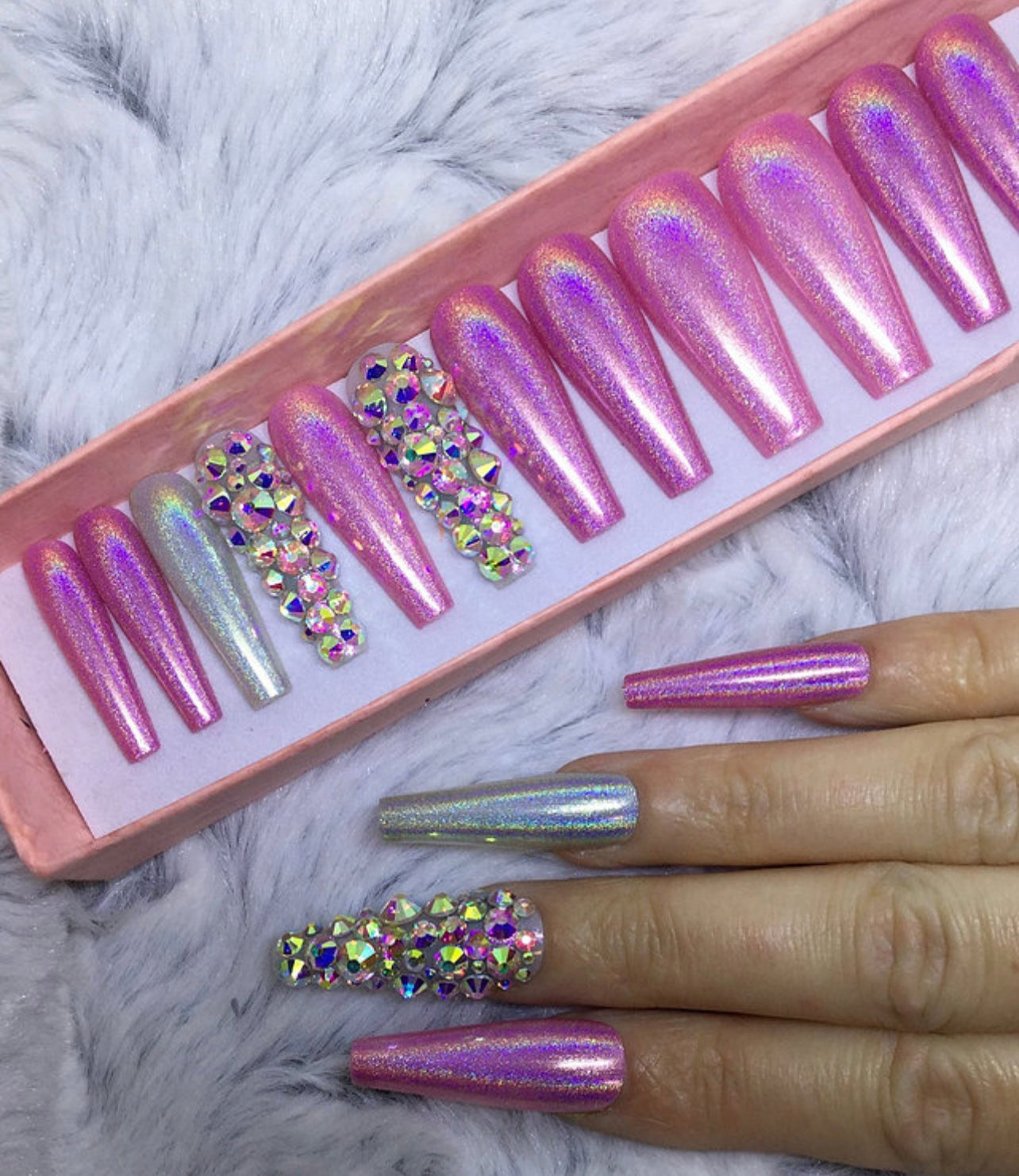 Z BEAUTI - Pink and Silver with Bling Coffin Nails-Long