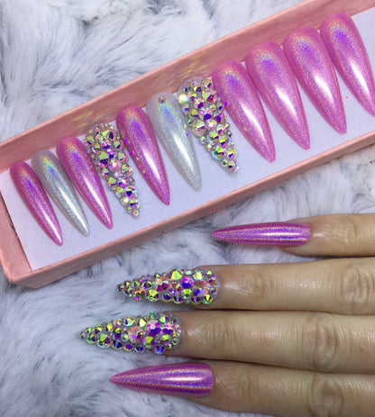 Z BEAUTI - Pink and Silver with Bling Stiletto Nails-Long