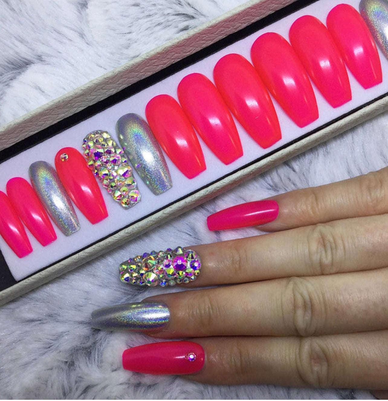 Z BEAUTI - Pink and Silver with Bling Coffin Nails-Medium