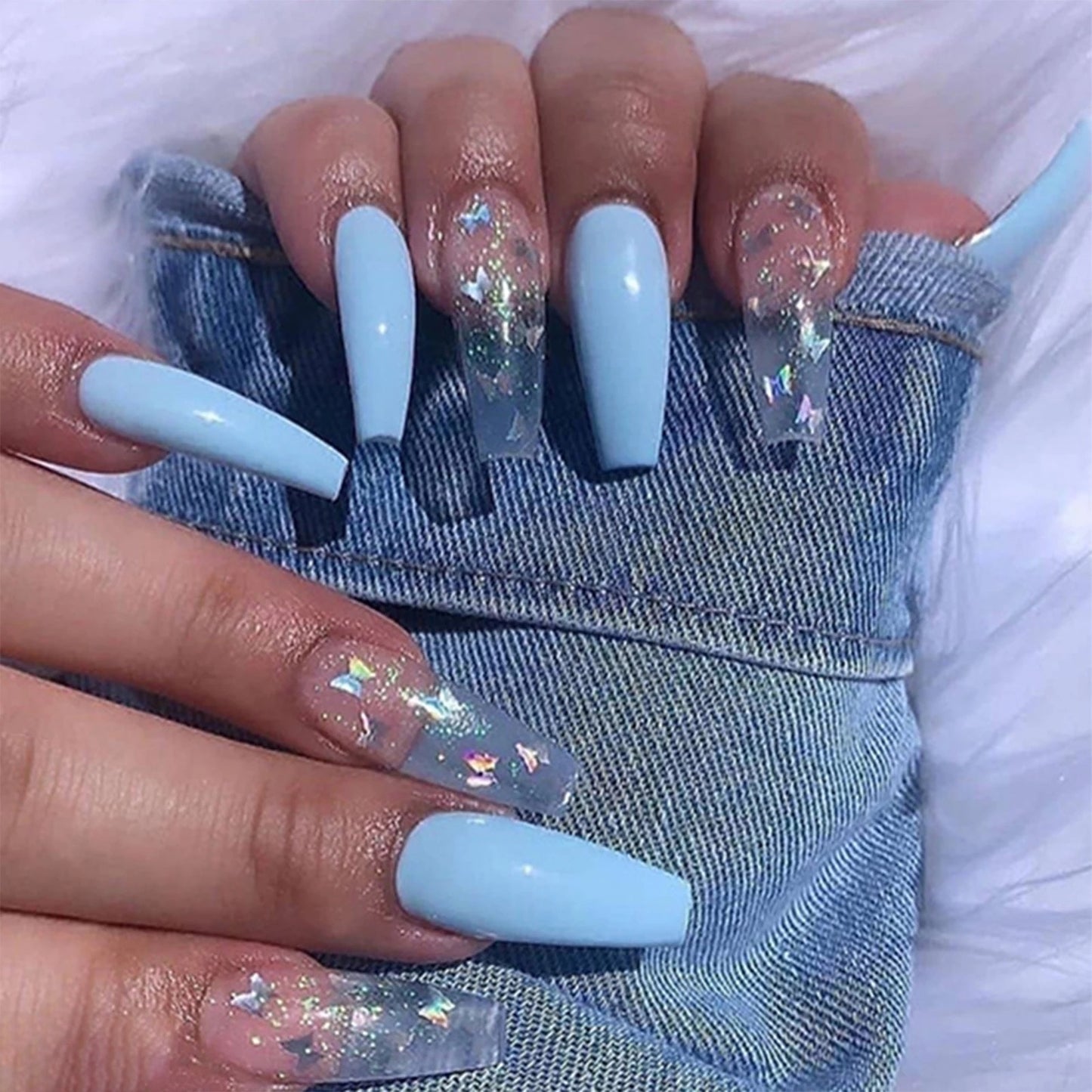 Z BEAUTI - Baby Blue Butterfly Coffin Nails-Long
